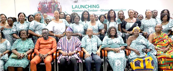Edith Abruquah (seated 3rd from right), acting Executive Director, Forest Services Division of the Forestry Commission; Okofo Owusu Banahene (right), the Adunkuhene, and other dignitaries and members of the WiTG after its inauguration in Kumasi. With them include Richard Nsenkyire (2nd from left), Chairman of FIAG. Picture EMMANUEL BAAH